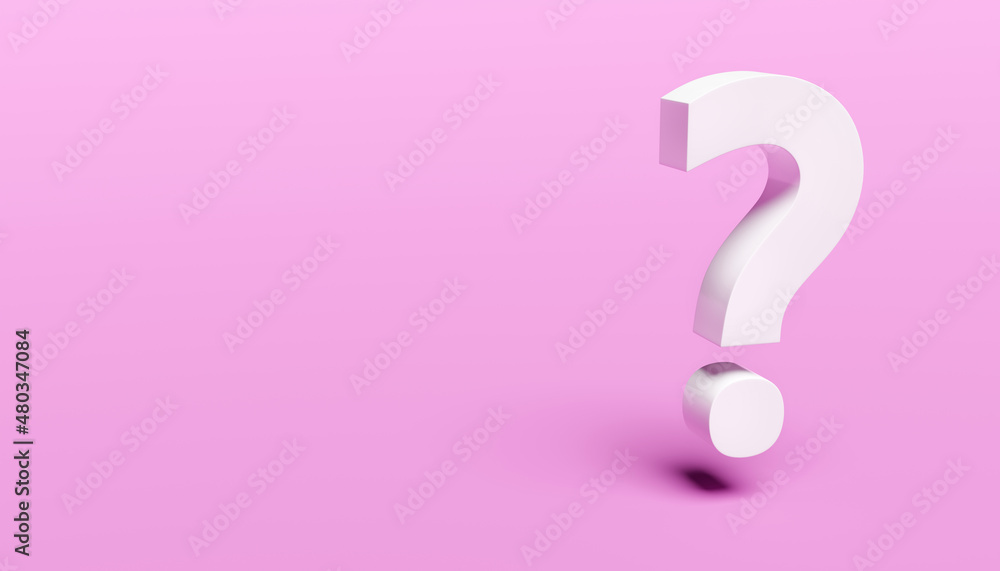 White question mark on pink background. 3d rendering. Copy space on the left - obrazy, fototapety, plakaty 