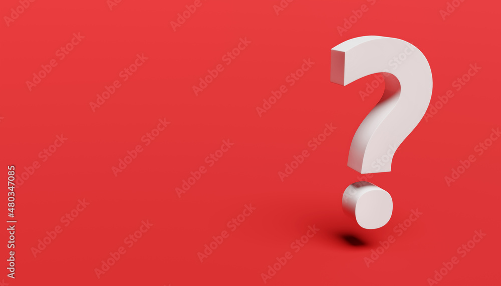 White question mark on red background. 3d rendering. Copy space on the left - obrazy, fototapety, plakaty 