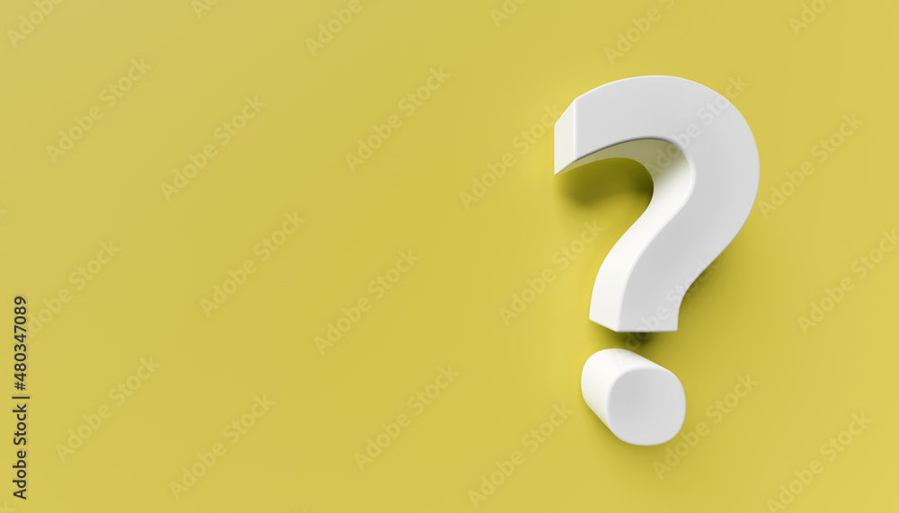 White question mark on yellow background. 3d rendering. Copy space on the left White question mark on yellow background. 3d rendering. Copy space on the left