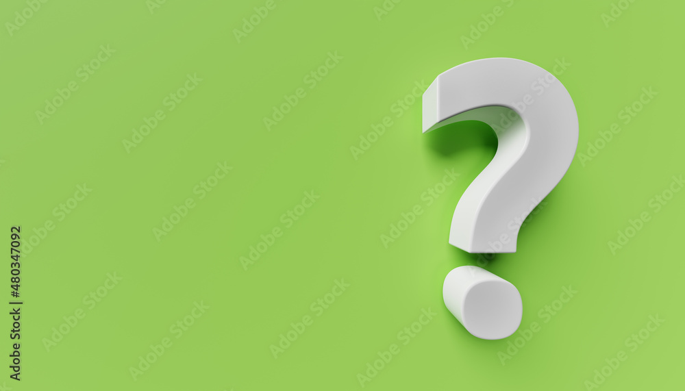 White question mark on green background. 3d rendering. Copy space on the left - obrazy, fototapety, plakaty 