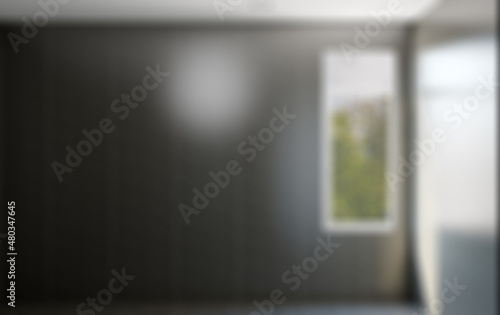 Bokeh blurred phototography. Spacious bathroom in gray tones with heated floors, freestanding