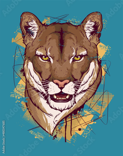 Cougar head on the abstract background. Digital ink vector drawing. 