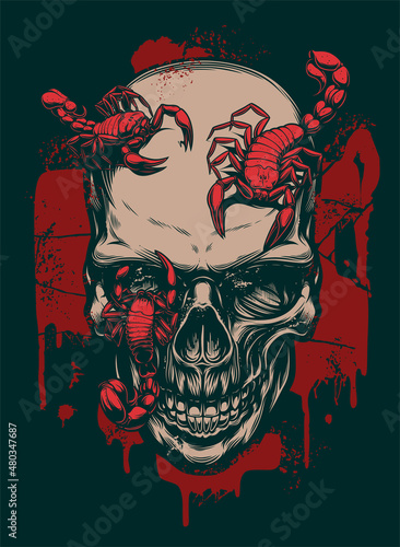 Human skull with red scorpions on the abstract background. Digital ink vector drawing. 