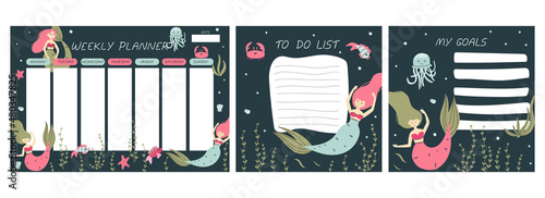 Weekly planner. Mermaid cartoon notebook sheet, to do list and goals template, marine poster for girls, underwater childish stationery design, cute princess, seaweed and fishes vector isolated concept