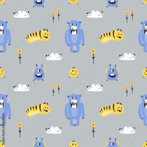 Cute monsters seamless pattern. Funny colorful creatures, little mutants or aliens, spooky fantasy characters, childish collection. Decor textile, wrapping paper wallpaper, vector print or fabric