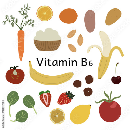 Collection of vitamin B6 sources. Dietetic products, organic nutrition. Flat vector cartoon illustration.