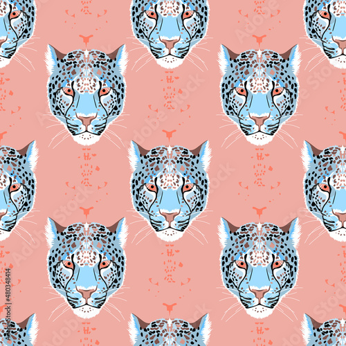 Seamless pattern with the image of the snout of a snow leopard. 