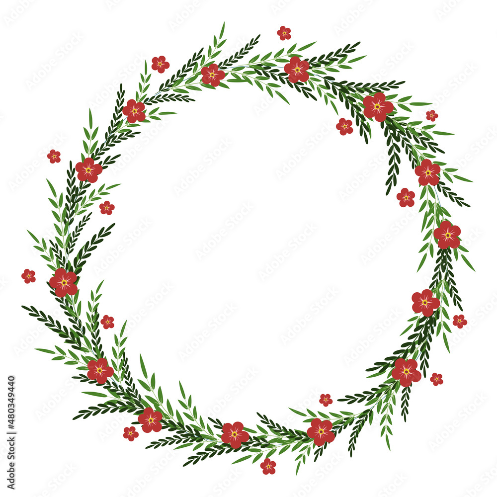 Spring Wreath frame with leaves and red flowers. Greeting card circle template with vintage style elements Doodle Illustration. Flat vector illustration Spring Wreath frame with leaves and red flowers. Greeting card circle template with vintage style elements Doodle Illustration. Flat vector illustration