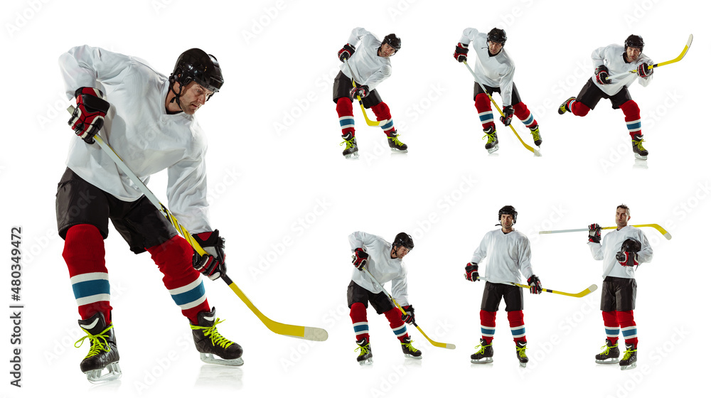 Fototapeta premium Set of images of strong, muscled man, hockey player wearing sportwear in motion isolated on white studio background. Concept of sport, activity