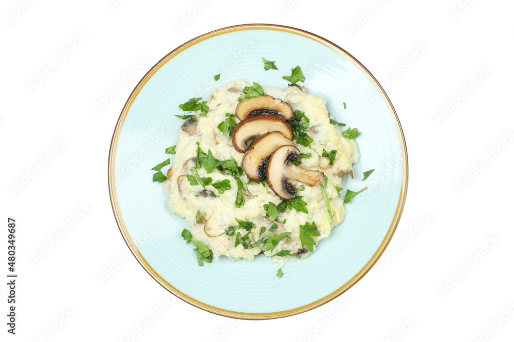 Risotto with mushrooms isolated on white background