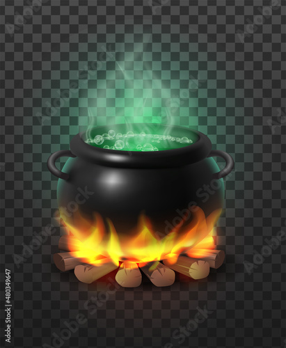 3d realistic icon. Black witch cauldron on campfire with wood with inside magical bubling green potion. On transparent background. photo