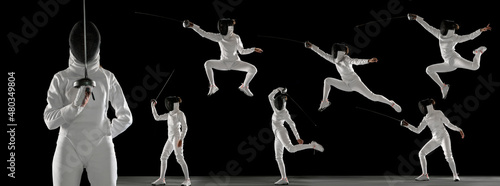 Development of movements in sport training. Young girl, fencer with sword training isolated over dark background. Set