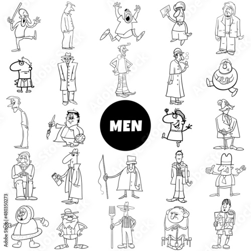 Black and white cartoon men comic characters big set