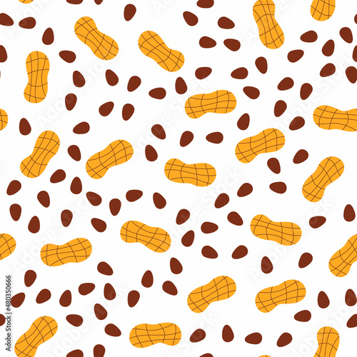 Seamless pattern with ripe raw tasty arachis on white backdrop. Vector illustration of peanut in cartoon flat style
