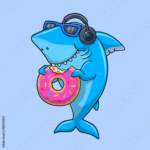 Cool shark eating doughnut cartoon.