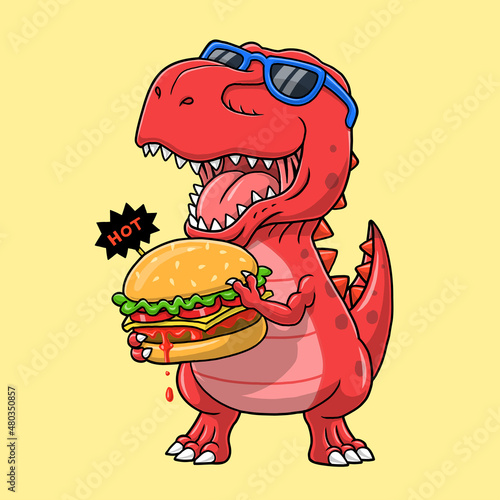 Cool dinosaur eating burger cartoon.