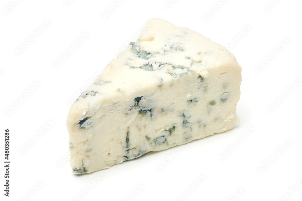 Blue cheese isolated on white background. Triangular piece of gorgonzola cheese. Clipping path and full depth of field
