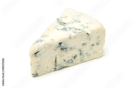 Blue cheese isolated on white background. Triangular piece of gorgonzola cheese. Clipping path and full depth of field