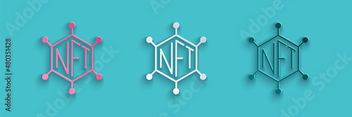 Paper cut NFT blockchain technology icon isolated on blue background. Non fungible token. Digital crypto art concept. Paper art style. Vector