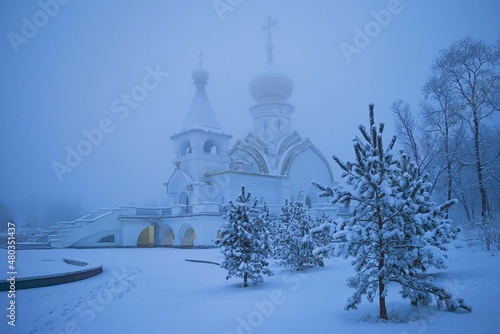 Snowy, foggy morning in Khabarovsk. St. Seraphim of Sarov cathedral. Far East, Russia.