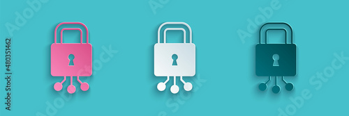 Paper cut Cyber security icon isolated on blue background. Closed padlock on digital circuit board. Safety concept. Digital data protection. Paper art style. Vector