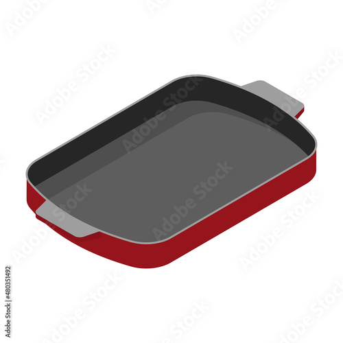 Metal rectangular baking tray for baking meat, fish, cake, pie or other food, isometric style.