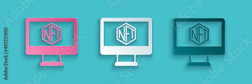 Paper cut Monitor with art store app icon isolated on blue background. Technology of selling NFT tokens for cryptocurrency. Non fungible token concept. Paper art style. Vector