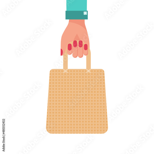 The woman's hand holds the ecological bag. Reusable tissue bag. Vector illustration flat design. Isolated on white background. Ecobag fabric, cloth cotton.