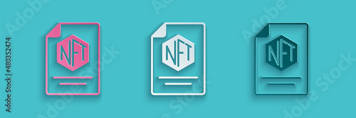 Paper cut NFT contract icon isolated on blue background. Non fungible token. Digital crypto art concept. Paper art style. Vector