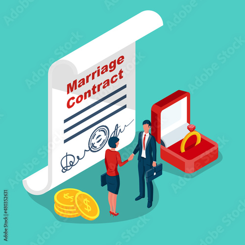 Marriage contract. Man and a woman in the handshake, as a symbol of concluding a contract. Agreement on marital relations. Money and wedding ring. Vector illustration isometric design.