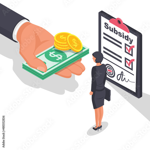 Registration of subsidies. Document and money. Please get a discount on payment. Vector illustration isometric design. Isolated on white background. photo