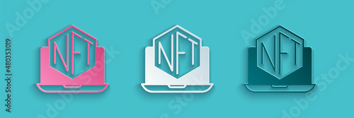 Paper cut Laptop with art store app icon isolated on blue background. Technology of selling NFT tokens for cryptocurrency. Non fungible token concept. Paper art style. Vector