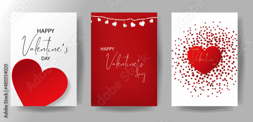 White hanging hearts on red background, realistic paper heart. Elegant blank poster with realistic hearts shape. Vector illustration for banner, cover, sale, wedding, Valentines card set, collection.