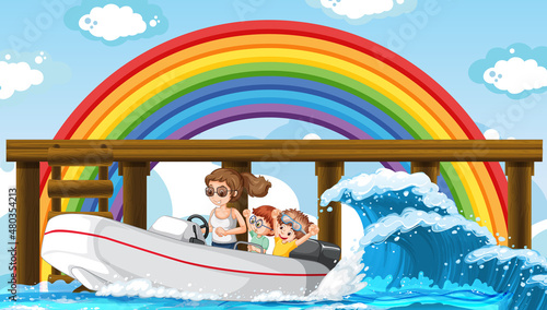 A woman driving motorboat with rainbow in the sky background