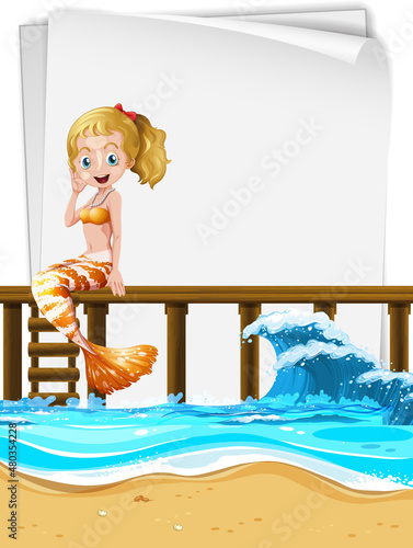 Mermaid sitting on wooden pier with an empty paper