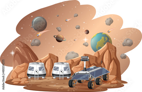 Space station on planet with spaceship