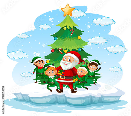 Snowy day with Santa Claus with many elves