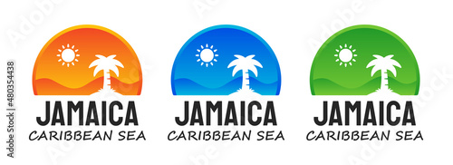 Jamaica in the Caribbean Sea logo design on t-shirt template graphics with palms and sunset.