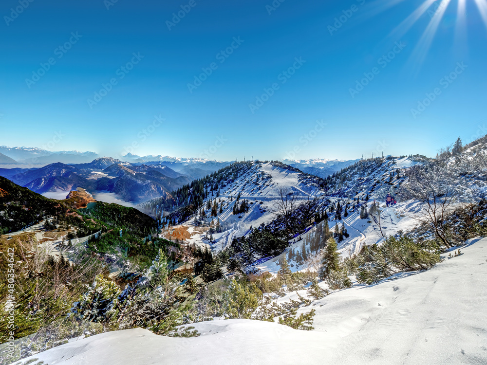 Winter landscape panorama view across the Bavarian Mountains at the Herzogstand area