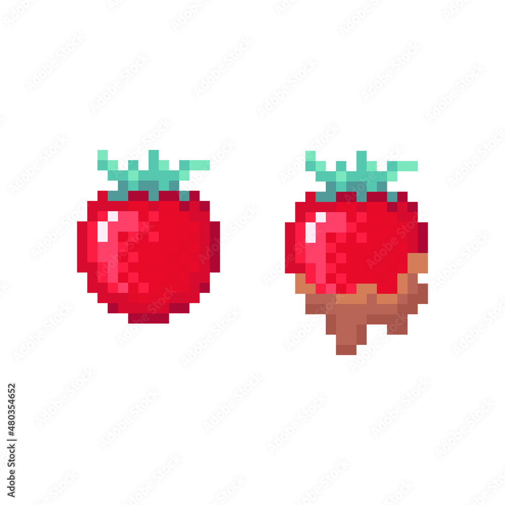 Pixel art strawberry in chocolate illustration. Vector berries set pixel  in pixelated mosaic retro game style. 8 bit vintage decor for valentine day. Pixel delicious icon on white background.