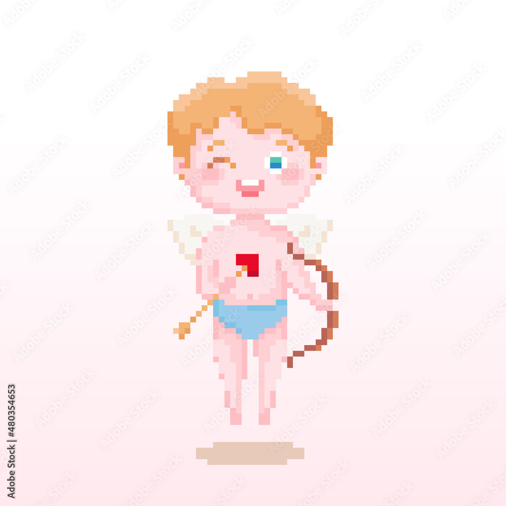 Pixel art cupid with bow and arrow winks illustration. Vector pixel angel boy choose a couple in pixelated mosaic retro game style. 8 bit vintage decor print for valentine day. Pixel art cupid with bow and arrow winks illustration. Vector pixel angel boy choose a couple in pixelated mosaic retro game style. 8 bit vintage decor print for valentine day.