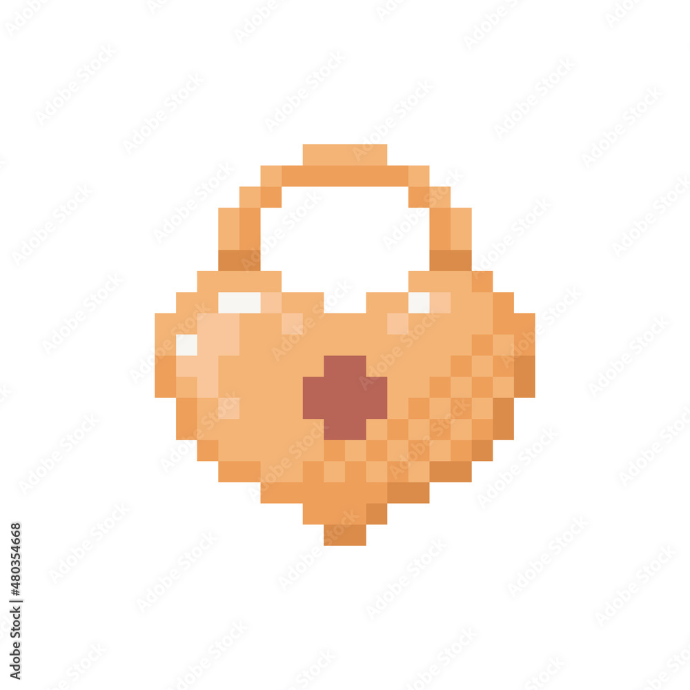 Pixel art lock illustration. Vector pixel heart-shaped lock in pixelated mosaic retro game style. 8 bit vintage decor for valentine day. Pixel heart lock isolated icon on white background.