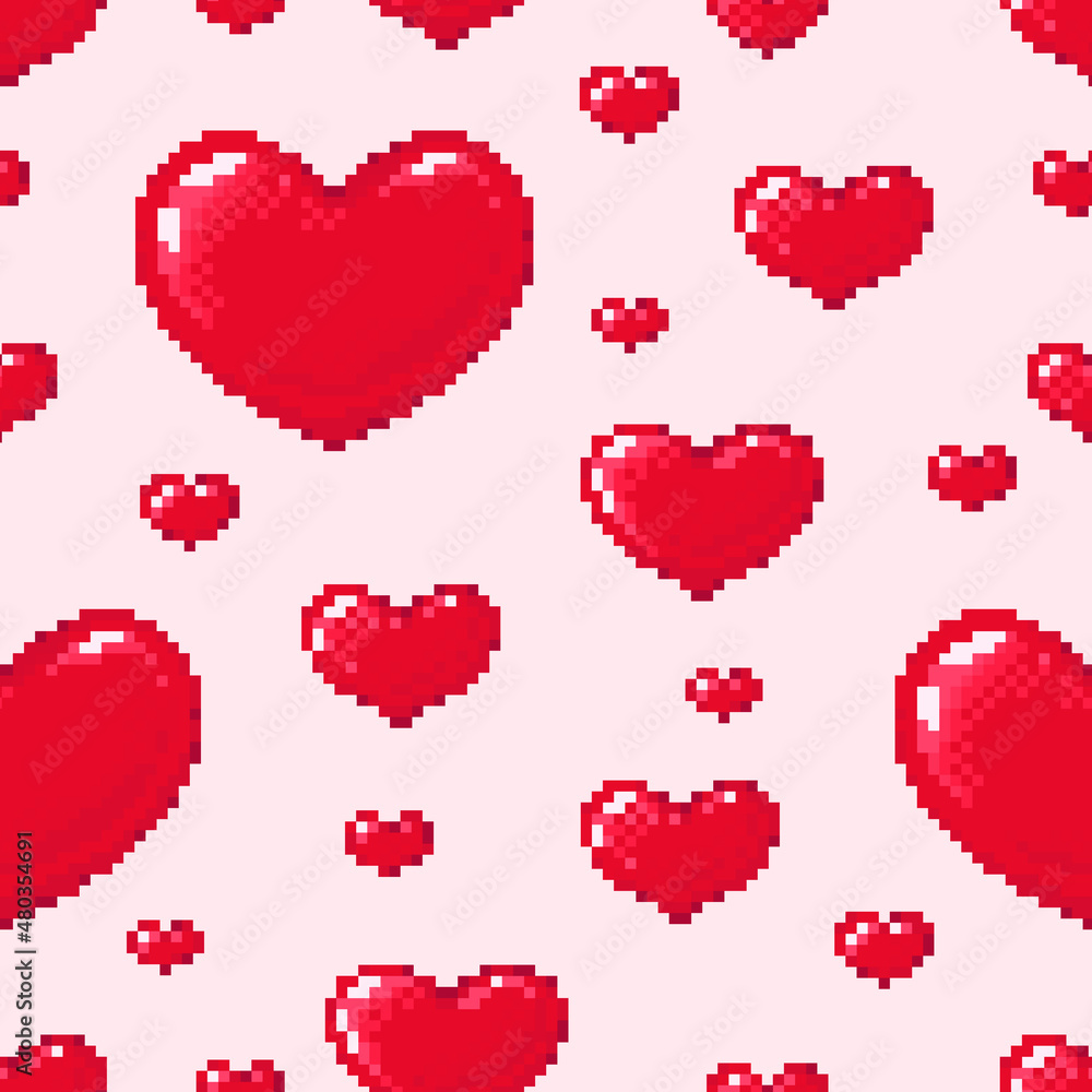 Valentine day seamless square pattern tile. Best for fabric or paper decorative design. Square vector pattern with romantic sexy pixelated retro hearts. 8 bit style pixel art background. Valentine day seamless square pattern tile. Best for fabric or paper decorative design. Square vector pattern with romantic sexy pixelated retro hearts. 8 bit style pixel art background.