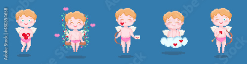 Pixel art Valentine dat angel cute cupids set. 8 bit video game decorations collection with deferent types of cupid boys in panties with hearts. Vector isolated vintage icons.	