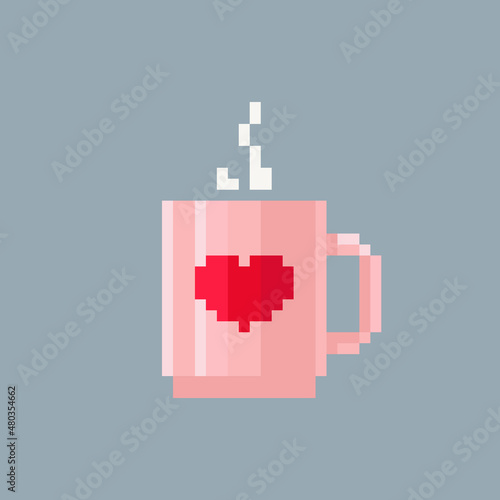Pixel art cup of coffee illustration. Vector pixel hot chocolate mug in pixelated mosaic retro game style. 8 bit vintage decor for valentine day. Pixel drink isolated icon on white background.