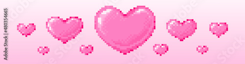 Pixel art hearts labels illustration. Vector pixel pink hears set in pixelated mosaic retro game style. 8 bit vintage decor for valentine day. Pixel gum ballon hearts isolated icon on white background