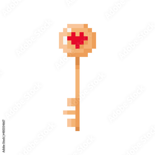 Pixel art key illustration. Vector pixel key from heart in pixelated mosaic retro game style. 8 bit vintage decor for valentine day. Pixel heart key isolated icon on white background.