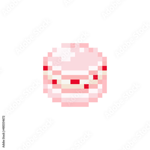 Pixel art macaron illustration. Vector pixel sweet cake in pixelated mosaic retro game style. 8 bit vintage decor for valentine day. Pixel dessert isolated icon on white background.