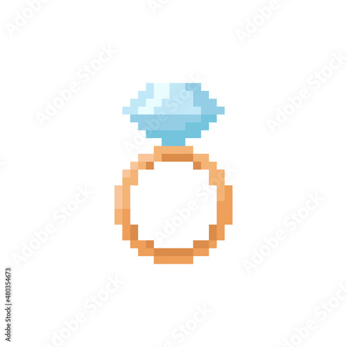 Pixel art ring illustration. Vector pixel accessory with jewel in pixelated mosaic retro game style. 8 bit vintage decor for valentine day. Pixel jewelry with diamond isolated icon on white background