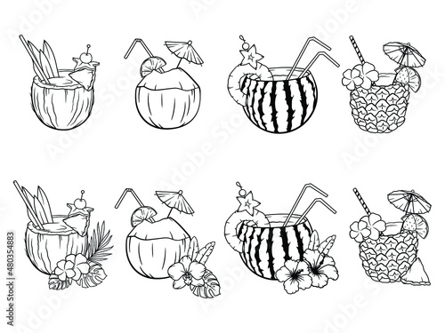 Set of coconut coctail. Collection of tropical cocktails with flowers. Exotic drink with bar umbrella. Vector illustration isolated on white background.